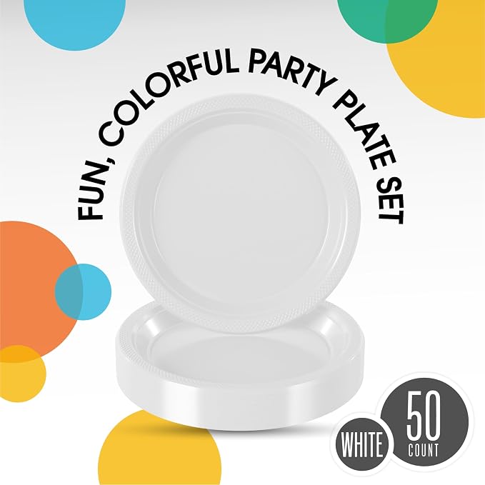 Exquisite Party Solids White Plastic Plates For Party Supplies 7" White Disposable Plates Heavy Duty 50 Pcs Plastic Dinnerware Sets Heavy Duty 350 GSM Disposable Dinnerware Set