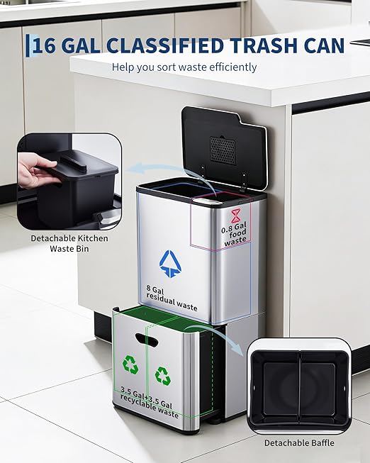 Garvee 16 Gal Dual Trash Can for Kitchen, 2 Compartment (33l + 28l) Garbage Can with Compost Bin, Stainless Steel Trash and Recycle Bin Combo with Removable Inner Bucket, Odor Control, Silver