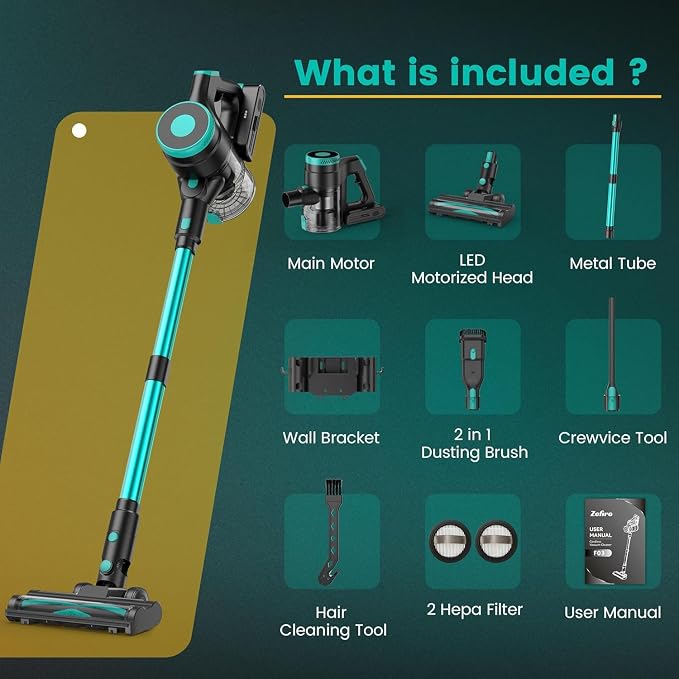 Zefiro Cordless Vacuum Cleaner,45Mins Runtime Vacuum Cleaners for Home, Anti-Tangle and 1.5L Dust Cup, Lightweight Vacuum for Hardwood Floor Carpet Pet Hair (Grenn&Black)