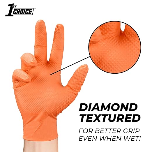 1st Choice 6 mil Orange Gloves, Disposable, Latex Free, Raised Diamond Grip, Mechanic Glove for Men, Large, 2 Boxes of 100