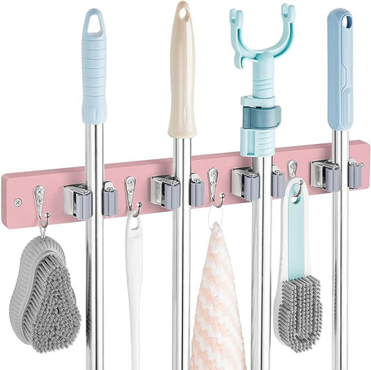 OUTNILI Pink Mop Broom Holder Wall Mount with 4 Slots & 4 Hooks - Wood Broom Mop Hanger for Pantry Closet Laundry Room Kitchen Organization - for Pink Kitchen Decor and Accessories