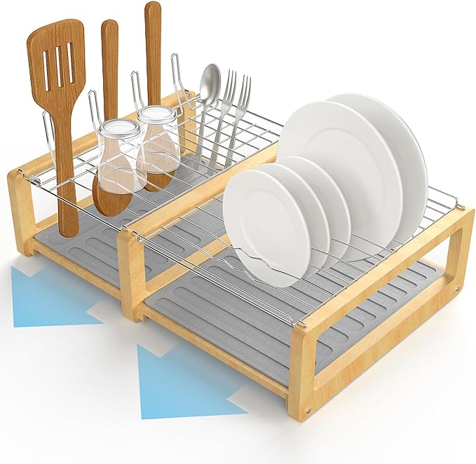 ArtyCozy Extra Large Stone Dish Drying Mat with Stainless Steel and Bamboo Rack for Kitchen Counter, Super Absorbent Diatomaceous Earth and Quick Drying Rack, 24.2" × 16.5" × 7.2"