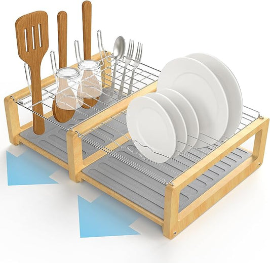 ArtyCozy Extra Large Stone Dish Drying Mat with Stainless Steel and Bamboo Rack for Kitchen Counter, Super Absorbent Diatomaceous Earth and Quick Drying Rack, 24.2" × 16.5" × 7.2"