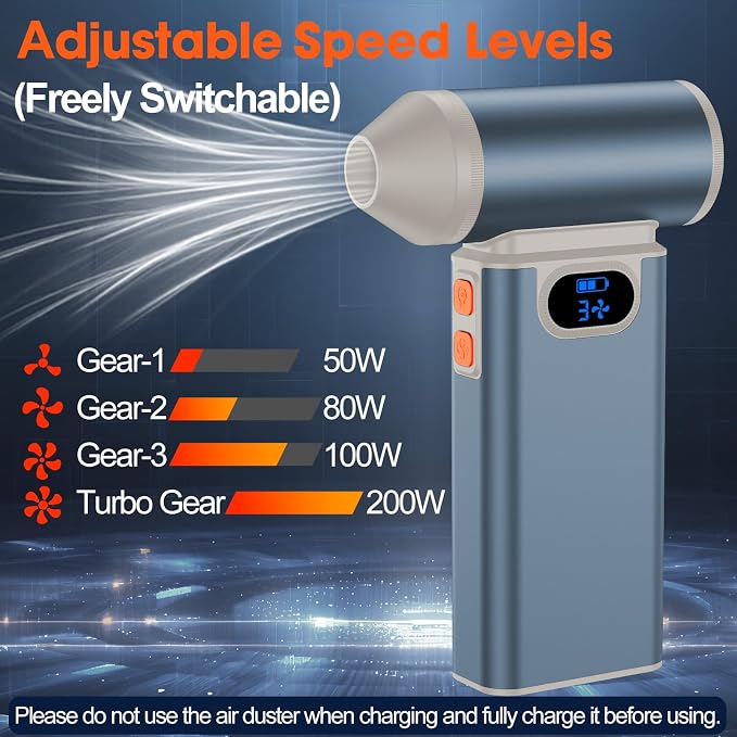 Metal Electric Compressed Air Duster, 300000RPM High Speed Rechargeable Air Blower&Pump for Leaf Blower with Digital Display, 4-Speed Modes-Brushless Motor Mini PC Dust Cleaner with Light