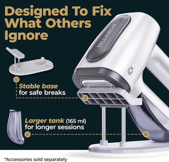Bellairon Veloce Vacuum Garment Steamer, Next-Generation Handheld Clothing Steamer with 2500Pa Suction for Fabric Grip, Fast-Dry & Wearable Results, One-Hand Operation, 1100W, 120V
