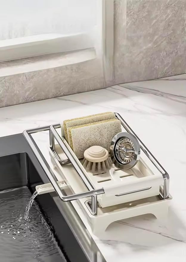 Kitchen Sink Caddy Organizer with Draining Tray and Towel Rail, Stainless Steel Sponge Holder, Dish Soap Storage Rack, Sink Organizer for Sponges, Scrub Brushes, Soap Bottles and Cleaning Supplies