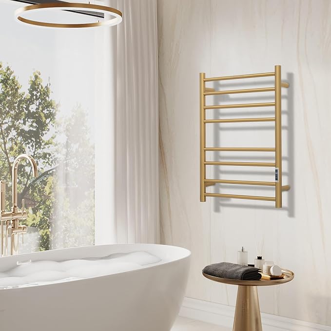 Electric Heated Towel Warmer - Wall Mounted Bathroom Towel Rack, Plug-in Design & Gold Brushed Stainless Steel Finish 8 Bar Gold with Timer & Temperature Control