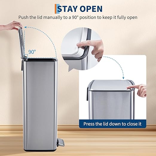 Garvee 40L / 10.6 Gal Kitchen Trash Can, Stainless Steel Garbage Can with Soft Close Lid, Rectangular Waste Bin with Filter, Removable Inner Bucket and Foldable Foot Pedal for Bathroom Home Office