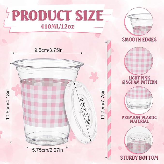 Domensi 25 Sets Pink and White Gingham Plastic Cups with Lids and Paper Straws 12oz Checkered Disposable Drinking Cups Bulk for Cold Drinks Baby Shower Wedding Birthday Summer Party Supplies