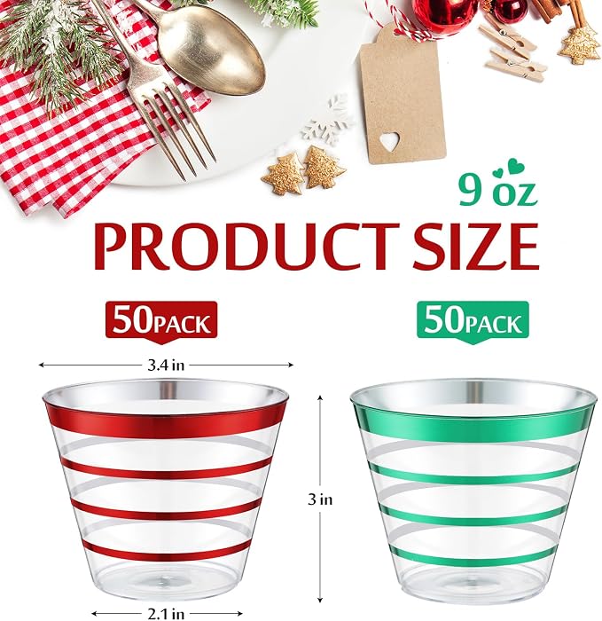 Gejoy 9 oz 100pcs Christmas Rimmed Stripe Plastic Cups Bulk Disposable Wine Hard Plastic Drinking Cocktail Cups Tumblers for Wedding Gathering Party Supplies(Red and Green)