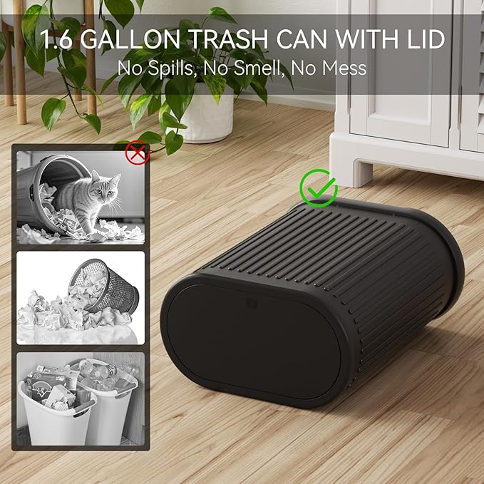 Stainless Steel Bathroom Trash Can and Toilet Brush Set,1.6 Gallon Small Trash Bin with Press Type Lid, Black Bathroom Sets with Shower Curtain and Liner for Bathroom