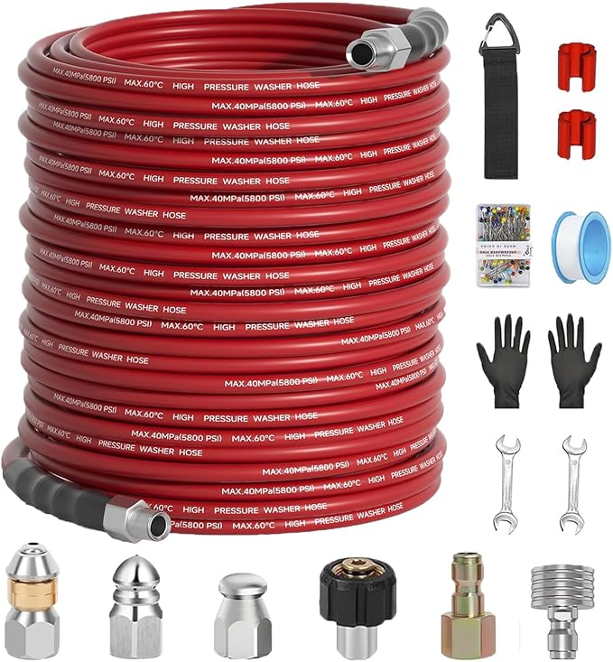 150FT Sewer Jetter Kit for Pressure Washer 5800PSI,1/4" NPT Drain Jetter Hose with 1/4" Quick Plug，3 Sewer Jet Nozzles，Spanners Teflon Tape Gloves and Spray Nozzle for Cleaning