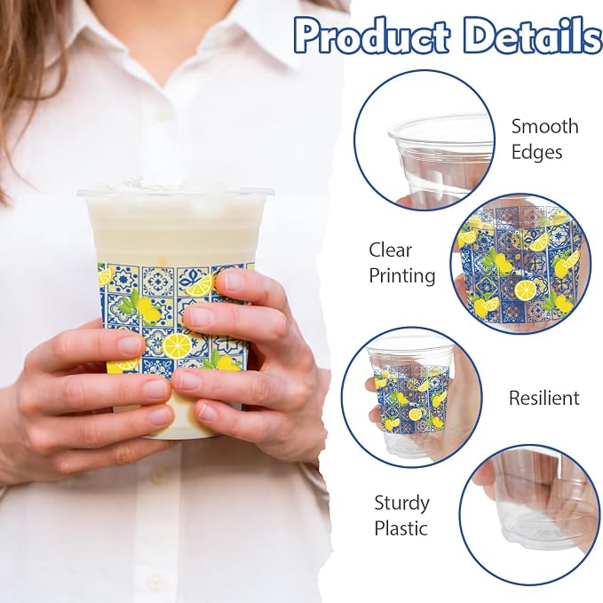 100Pcs Lemon Plastic Party Cups, 12oz Chinoiserie Lemon Disposable Clear Cups for Summer, Weddding, Baby Shower Parties, Holiday Gatherings, Birthday Party Drinking Cup