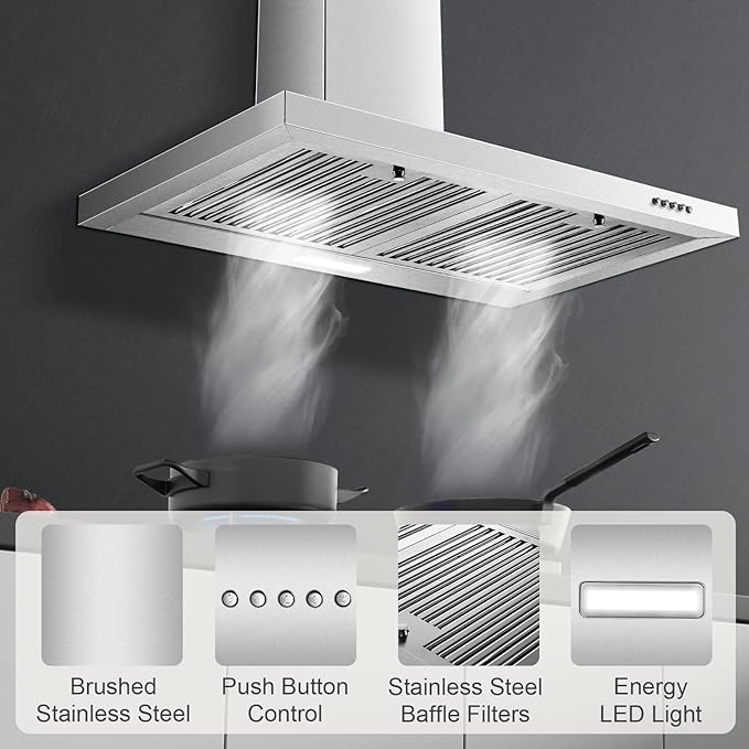 Range Hood 30 inch, Wall Mount Range Hood Ducted/Ductless, Kitchen Hood in Stainless Steel, Vent Hood with Baffle Filters, 3 Speed Fan, Push Button Control, Energy-Saving LED Light