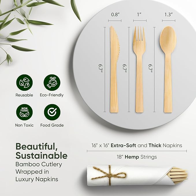EcoPreps Premium Pre-Rolled Napkin and Bamboo Cutlery Set (30 Pack, 120 PCS) 100% Biodegradable, Eco-Friendly, Disposable Wrapped Cutlery - Includes Pre-Wrapped Bamboo Forks, Knives, Spoons, & Napkins