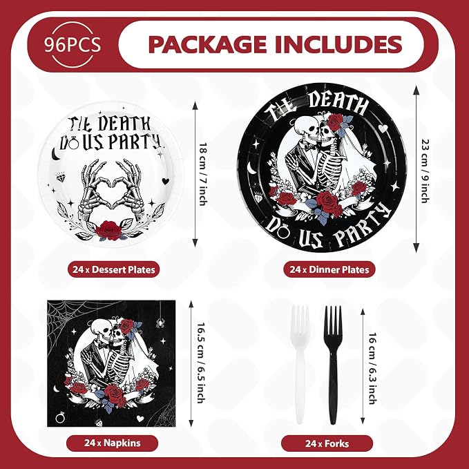96Pcs Till Death Party Decorations Till Death Do Us Gothic Bachelorette Paper Plates and Napkins Bride or Die Decorations for Gothic Wedding Bachelorette Romantic Skeleton Party Supplies Serves 24
