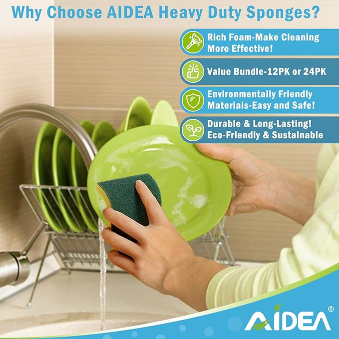 AIDEA Heavy Duty Scrub Sponge, Cleaning Sponge, Kitchen Dish Sponge, Effortless Cleaning Eco Scrub Pads for Dishes,Pots,Pans All at Once