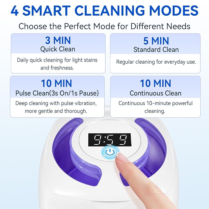 Ultrasonic Retainer Cleaner Machine, 340ml 48kHz Ultrasonic Cleaner for Retainers, Dentures, Mouth Guard & Jewelry, 4 Cleaning Modes,Large Capacity Tank,Portable Quiet Design with UV Light,White