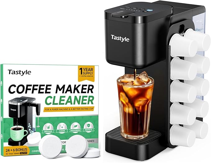 Tastyle Hot & Iced Coffee Maker with Magnetic K-Pod Organizer (Pods Not Included), with 30 Descaler Cleaner Tablets, 4-5 Cups Coffee Maker & Single-serve Brewer for K Cup & Grounds