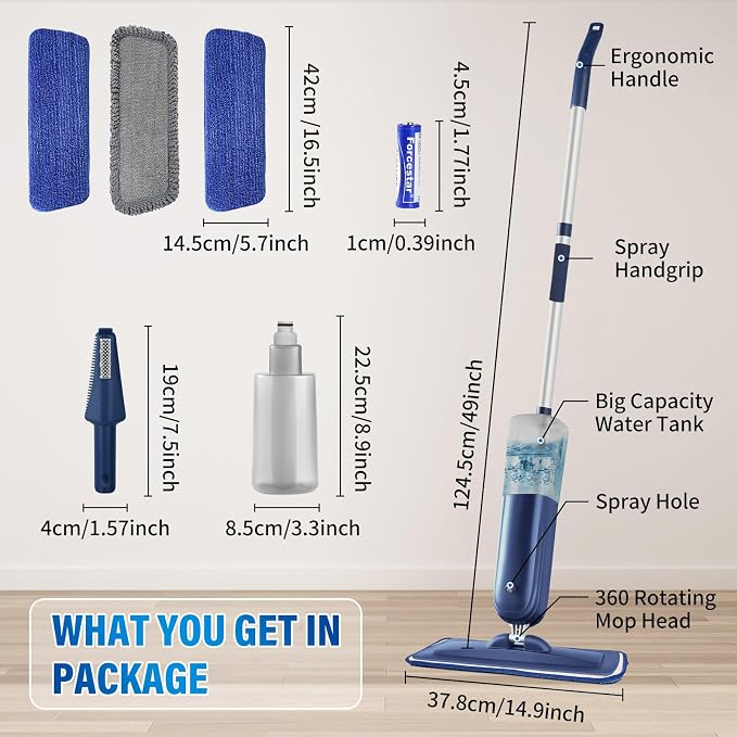 PowerMop Floor Mop with 720 ml Refillable Bottle & 3 Microfiber Pads | Powered wet dry mop for kitchen, wood, hardwood, laminate, ceramic tile floors, with washable pads and refillable bottle