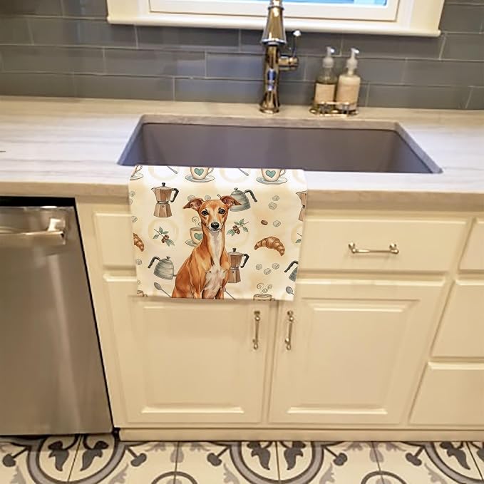 Caroline's Treasures Red Italian Greyhound Coffee Bar Kitchen Towel Velour Plush Front and Cotton Loop Back Machine Washable