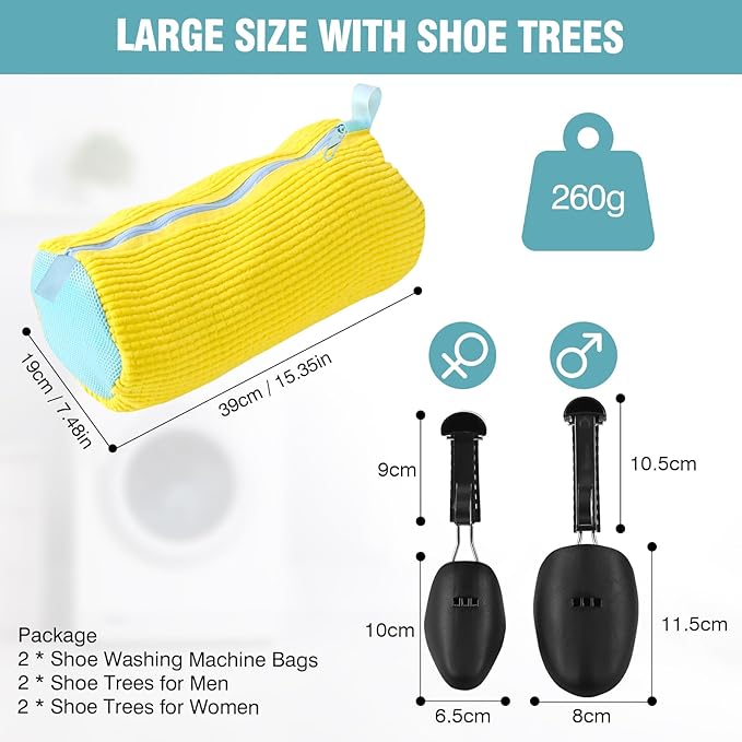 2 Pcs Shoe Washing Machine Bags with 4 Adjustable Shoe Trees, XXL Laundry Bags for Washer and Dryer, Sturdy Zipper with Hook Design, Reusable Cleaning Bag for Sneaker, Tennis (Yellow)
