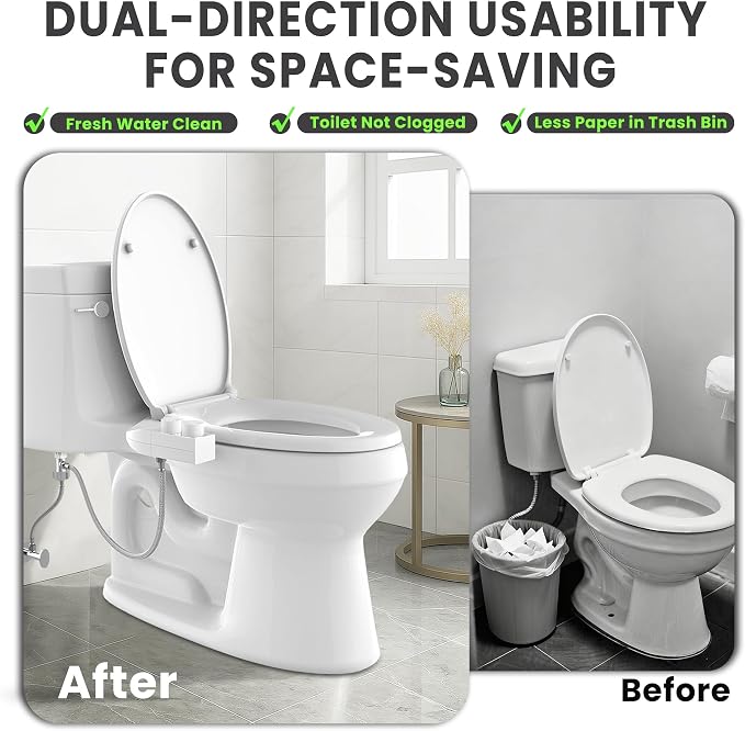 Toilet Bidet With Left/Right Side Reversible Design, Fresh Water, Non-Electric, Toilet Bidet Attachment, Right/Left Hand Side with Dual Nozzle, Self-Clean, Includes Extended Screws (White)