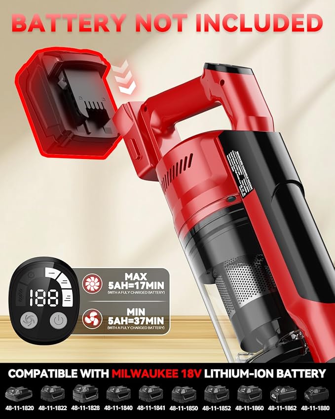 350W Cordless Vacuum Cleaner for Milwaukee Battery, 35kPa Brushless Lightweight Stick Vacuum with 3 Mode Suction, 6 in 1 Stick Vacuum Cleaner with HEPA for Floor, Carpet, Car (Battery Not Included)