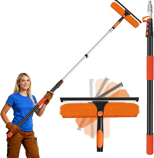 26FT Telescoping Window Cleaning Kit with 14" Squeegee - 2-in-1 Professional Window Scrubber & Extension Pole - Extra Long High-Reach Glass Cleaner Tool for Indoor & Outdoor High Windows, RV