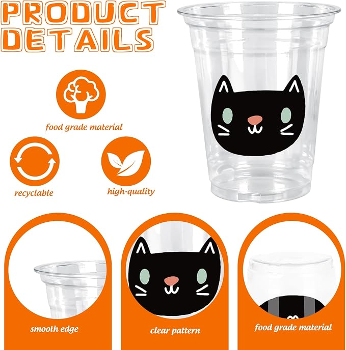 Whaline 48Pcs 12Oz Halloween Plastic Cups with Lids & Straws Ghost Pumpkin Black Cat Disposable Clear Drinking Cups for Holiday Birthday Party Supplies