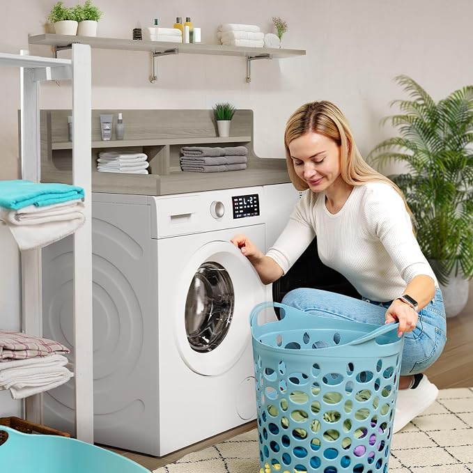 Washer Dryer Countertop, 54" x 27.55" 2-Tier Washer Dryer Topper with Edge, for Laundry Room Organization Pale Grey Wood