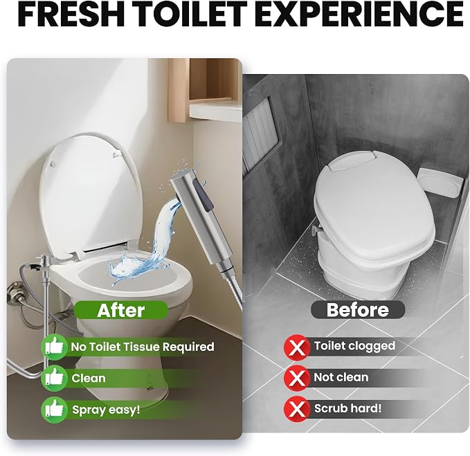RV Bidet Sprayer with Stainless Steel Holster, Side-Mounted Handheld Bidet with Hose, RV Fitting, Shut-Off Handle, for Motorhomes, Travel Trailers & Campers Toilet (Chrome-SideMount)