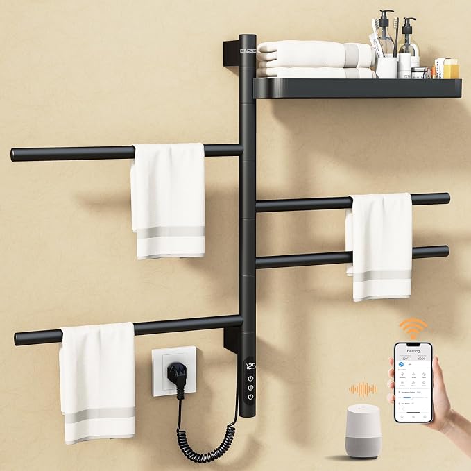 ENZE Smart Rotating Heated Towel Rack for Bathroom, 4-Bar Wall-Mounted Electric Towel Warmer with Swivel Shelf, Wi-Fi App Control, 24H Timer, Stainless Steel, IPX5, Hardwired/Plug-in, Matte Black