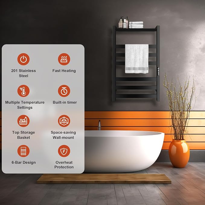 Towel Warmer,Stainless Steel Towel Warmer Rack for Bathroom -6 Bars with Shelf Wall Mounted Towel Heater with Intelligent Touch Screen Timer, Hard Wired/Plug-in, Black