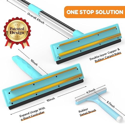 3-in-1 Carpet Rake for Pet Hair Removal, Upgraded Rug Scraper with 61" Thickened Handle & 10" Handheld Grip, Dual-Metal Edge Dog Hair Remover for Carpet, Couch, Furniture & Car