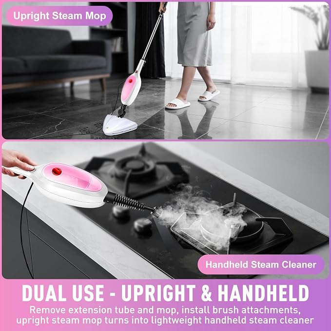 Steam Mop & Detachable Handheld Steamer 2-in-1 Design, 20s Fast Heat-Up, 16FT Power Cord, 10-in-1 Multi-Purpose Steam Cleaner for Hardwood Floors/Carpet/Tile/Grout/Window/Stove for Deep Home Cleaning