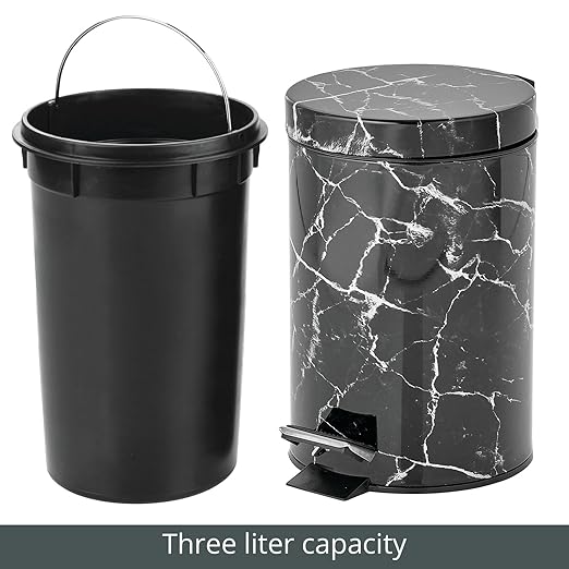mDesign Extra Small Modern 3-Liter/.7 Gallon Round Metal Lidded Step Trash Can, Compact Garbage Bin with Removable Liner Bucket and Handle for Bathroom, Kitchen, Office, Garage - Black Marble Print