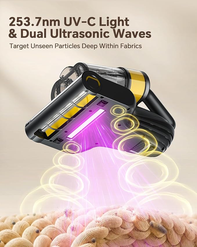 Mr.ego Cordless Mattress Vacuum Cleaner, 16Kpa Bed Vacuum Cleaner, UV-C & Ultrasonic Deep Cleaning, Smart Sensor & LED Display, Large Dust Cup, Reusable Filter, Handheld Vacuum for Bed, Sofa, Crib