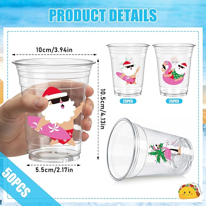 Rngmsi July Christmas Plastic Cups - 50 Pcs Christmas Decorations for Party, 12 OZ Summer Disposable Cups, Xmas Party Supplies Favor