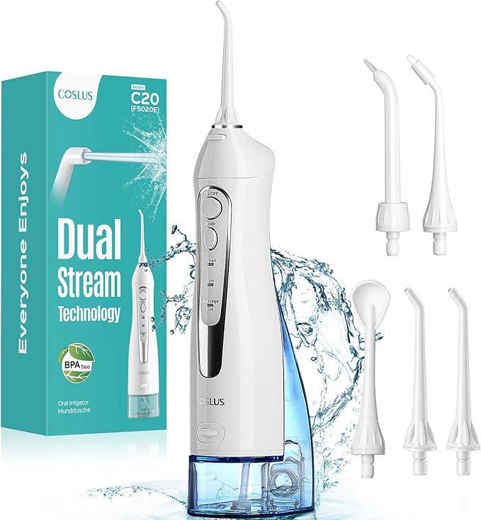 COSLUS Water Dental Flosser Teeth Pick C20: Portable Cordless Oral Irrigator 300ML Rechargeable Travel Irrigation Cleaner IPX7 Waterproof Electric Flossing Machine for Teeth Cleaning, White