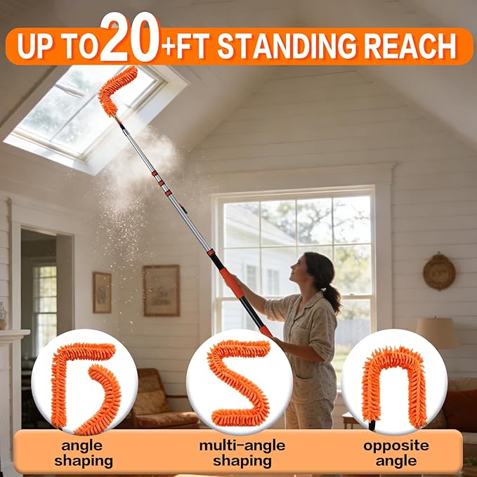 26FT High Reach Duster Cleaning Kit with 5-20 FTExtension Pole, High Ceiling Fan Cleaner Duster Tool for Fan Blades, Extendable Reusable Cobweb, Feather, Window Cleaning Squeegee Kit (20FT)