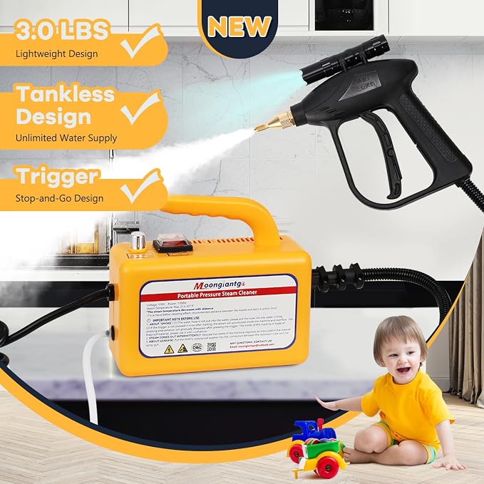 Moongiantgo 1700W High Pressure Steam Cleaner Handheld Portable Instant Steam Cleaning Machinefor Commercial Home USe Kitchen Bathroom Grout Tile Car Detailing (Yellow, 110V)