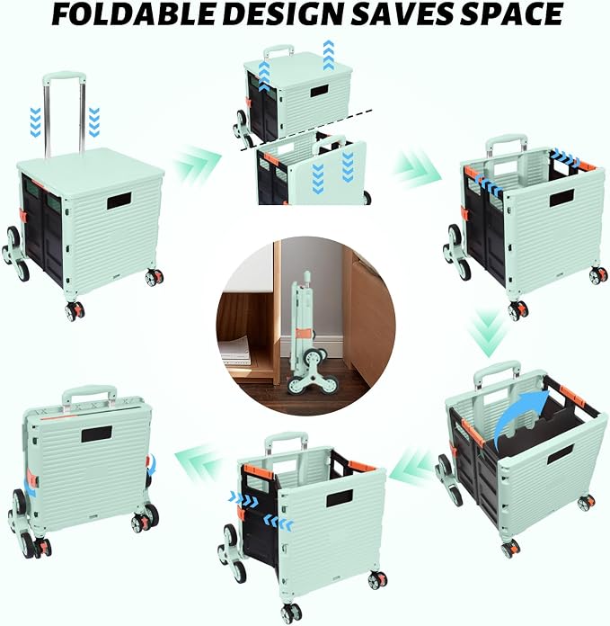 FELICON SELORSS Folding Utility Cart Portable Rolling Crate Handcart with Stair Climbing Wheels&360°Swivel Wheels Telescoping Handle Plastic Box Dolly for Travel Shop Move Office Teacher Use(Green)