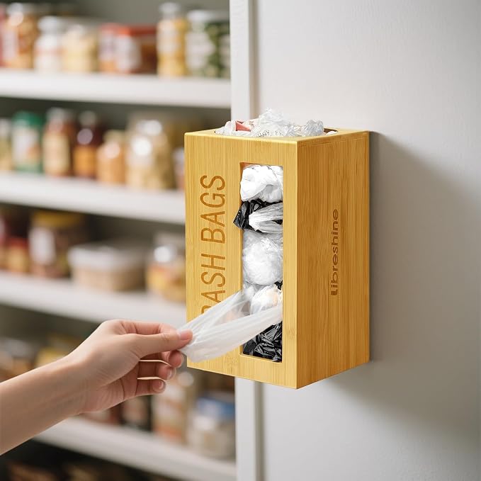 Libreshine Bamboo Garbage Bag Dispenser Roll Holder - Wall Mount Trash Bag Organizer for 13-33 Gallons, Under Sink Kitchen Grocery Bag Storage Container, Not Suitable for Large Roll