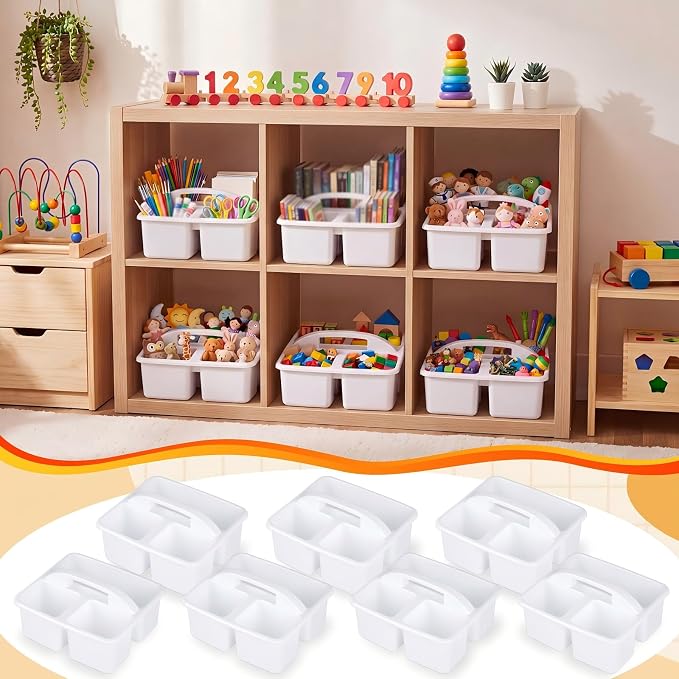 Geelin 24 Pack Classroom Caddy Bulk, Plastic Storage Caddy with Handle and 3 Compartments, Stackable Art Supply Caddies Organizer(White)