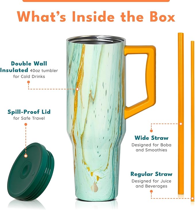 Elemental 40 oz Tumbler with Handle and Straw - Spill Proof Insulated Stainless Steel Commuter for Cold Beverages - Travel Coffee Mug with 2 Straws & Spill Proof Lid - 40oz - Aurora Glow
