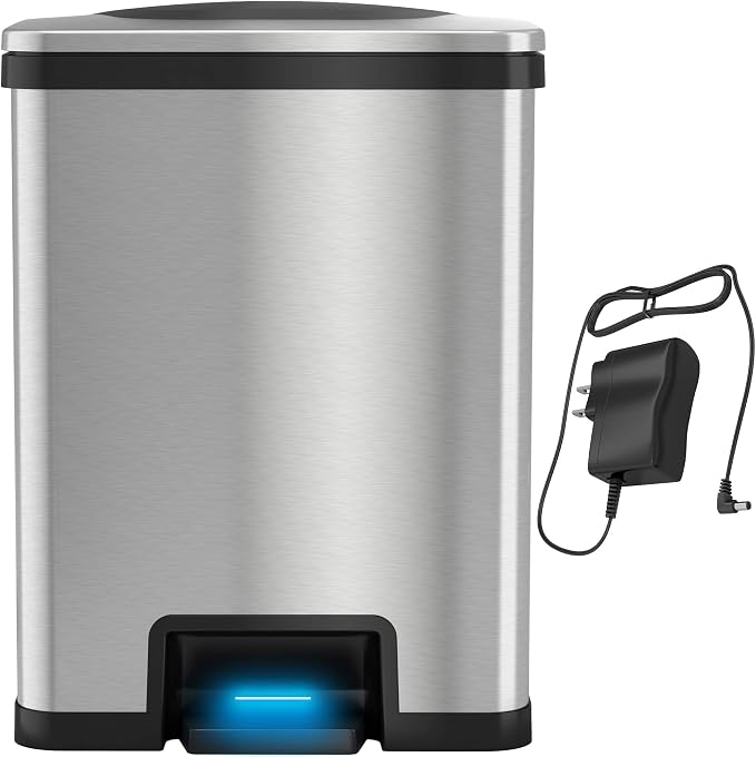 Halo TapCan 13 Gallon Effortless Trash Can with One-Tap Pedal Sensor and Odor Control System and AC Adapter-Stainless Steel with Black Trim