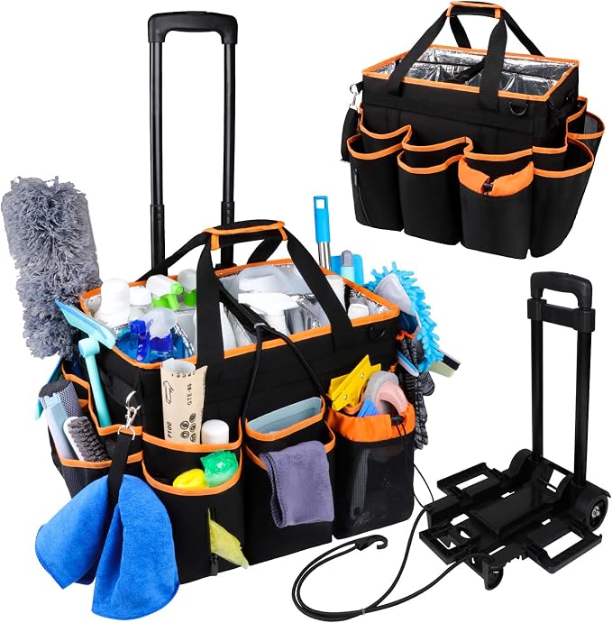 COVKEV Rolling Cleaning Caddy with Wheels& Built-in Board, Extra Large Cleaning Caddy Bag with Detachable Trolley, Water Resistant Lining Cleaning Supplies Organizer on Wheels for Housekeepers (Black)