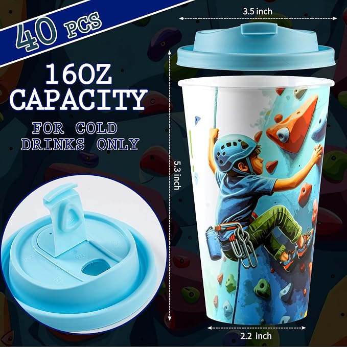 20 Pcs Rock Climbing Favors Goodie Cups with Lids for Birthday Decorations Disposable 16oz Plastic Candy Cups for Birthday Party Table Decorations Supplies Favor(LET'S CLIMB)