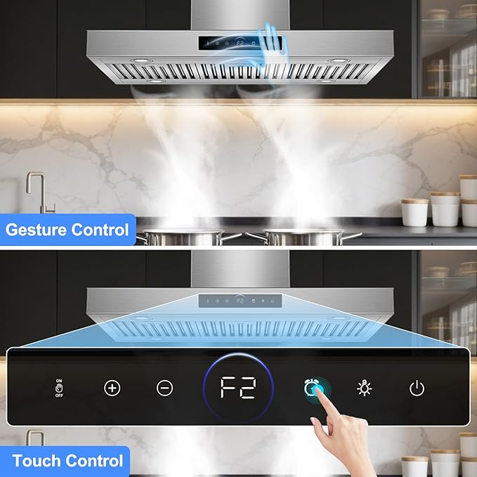 36 inch Island Range Hood Ceiling Mount 1200 CFM with 4-Speed Gesture Sensing & Touch Control, Ducted/Ductless Stainless Steel Kitchen Stove Vent Hoods with 4 LED Lights, Timer,Dishwasher-Safe Filters